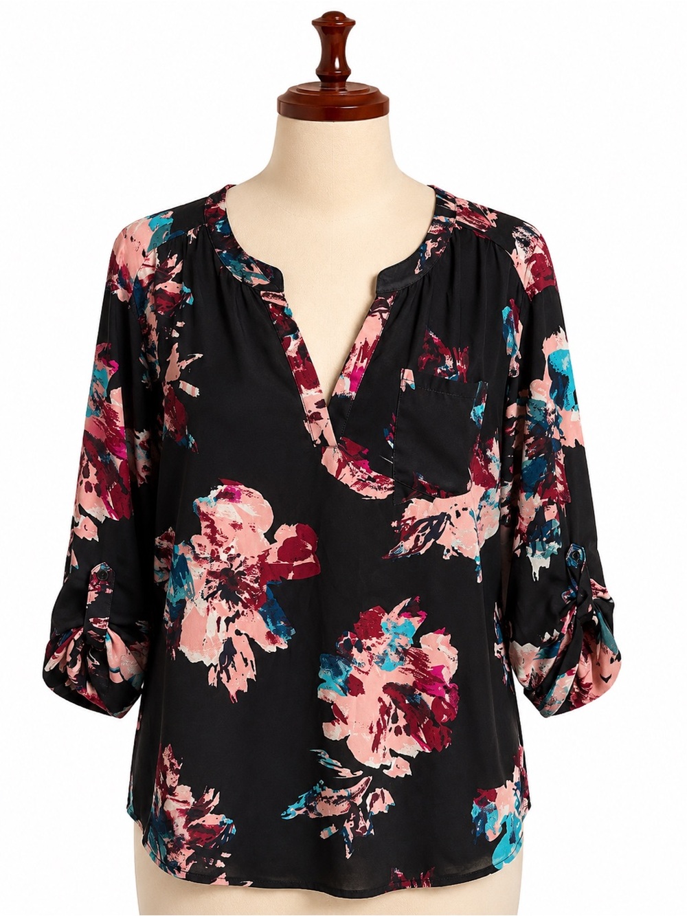 Ava & Viv Black Floral Split V-Neck Blouse with Pink and Teal Accents